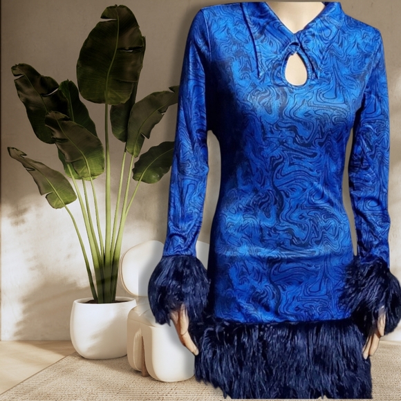 None Dresses & Skirts - Bodycon Vintage Style Plush Formal Dress (Blue)